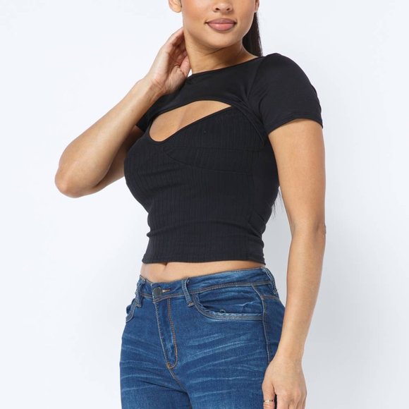 Love J Ribbed Pullover Shrug Cut Out Top--Black - Picture 2 of 6